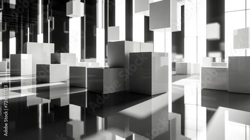 Digital rendering of a modern, abstract installation with monochrome geometric shapes and reflective surfaces in a gallery-like setting. 