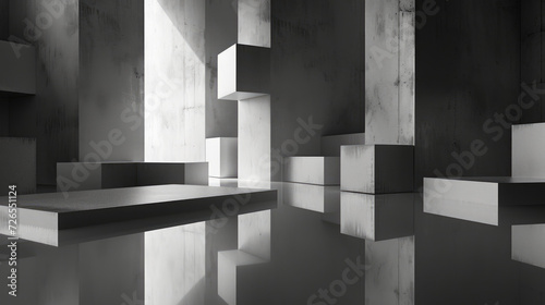 Digital rendering of a modern, abstract installation with monochrome geometric shapes and reflective surfaces in a gallery-like setting.
