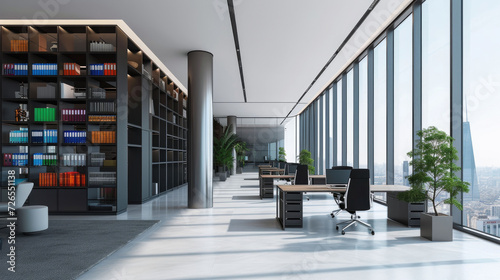 Spacious and well-lit modern corporate office interior with a meeting table  floor-to-ceiling windows  and a panoramic view of the cityscape.