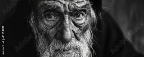 Old man face in black white color. Detail of wrinkles on senior skin or face