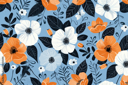 An elegant floral pattern featuring a mix of white and orange flowers with dark leaves on a serene blue background  perfect for fabric or wallpaper. 