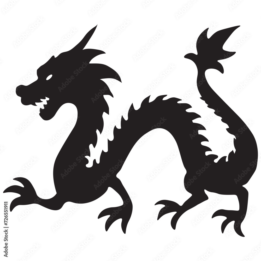 Black Chinese Dragon Silhouette. Isolated On White Background