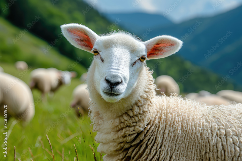 Fototapeta premium sheep on a pasture in the mountains looks at the camera close-up