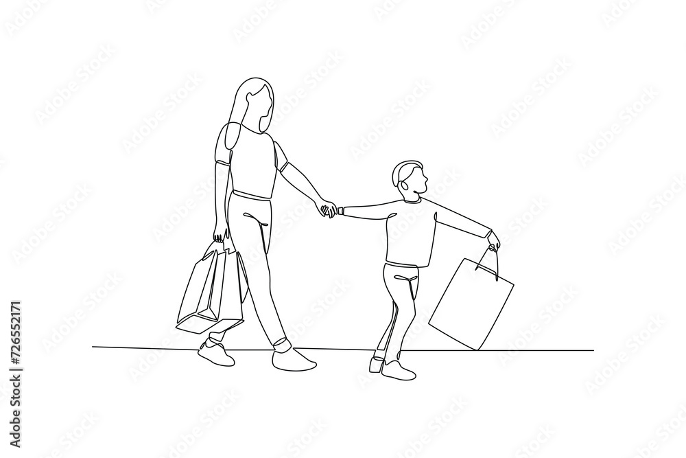 One continuous line drawing of Happy people shopping at mall. Shopping concept. Doodle vector illustration in simple linear style.