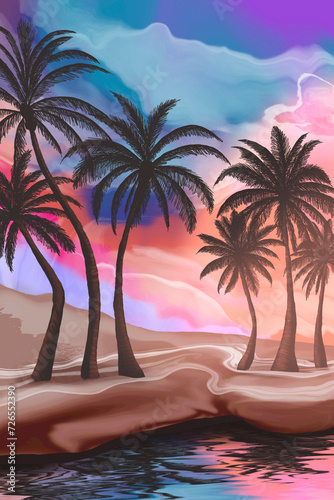 Seascape with palm trees at...