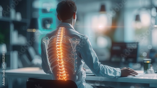 X-ray Illustration of man with a mansedentary work, sore spine and lower back protrusion and hernia of the spine. Help from an osteopath, neurolog or surgeon, henriology.Health back