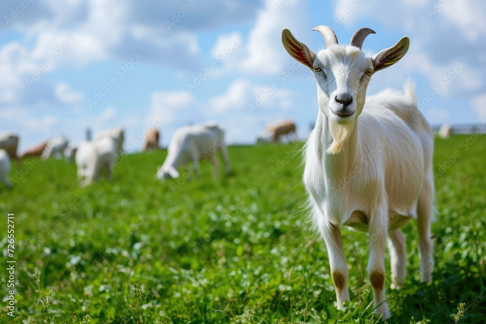 White goat grazing on a green pasture close-up White goat grazing on a green pasture close-up