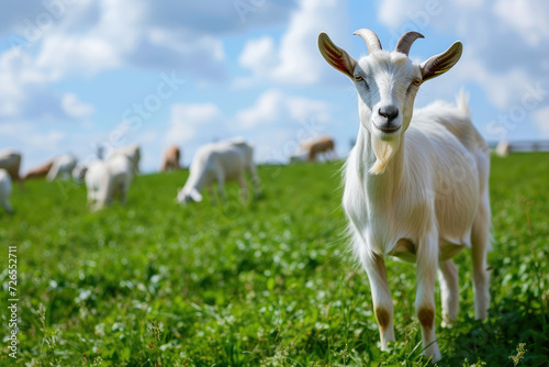 White goat grazing on a green pasture close-up