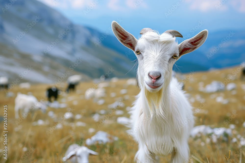 Obraz premium white goat grazing on a pasture in the mountains close-up