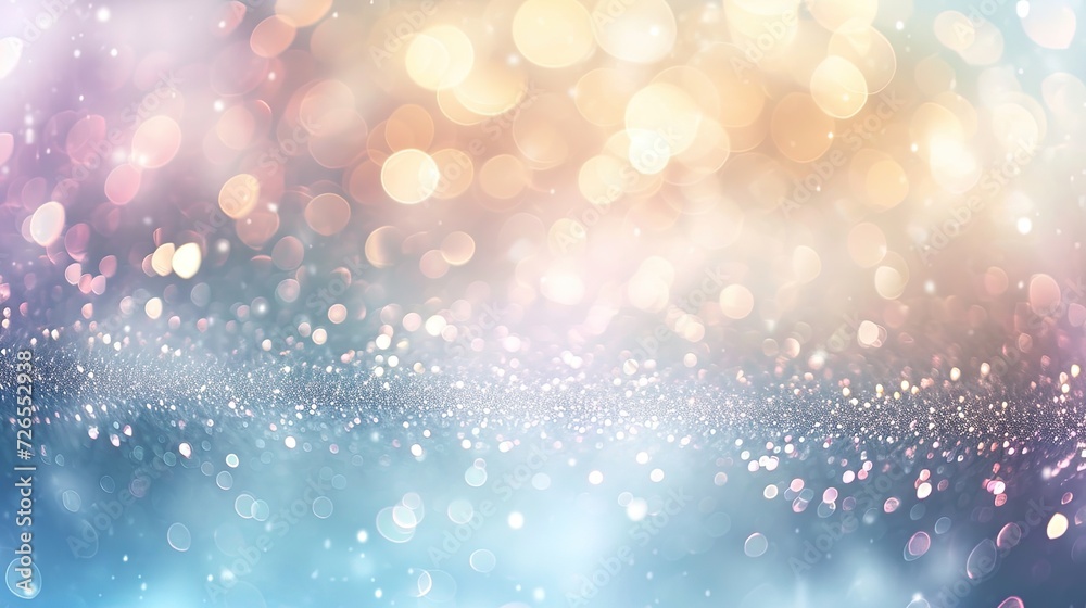 Shaped colorful light purple and blue and gold bokeh, blurred festive shining particles background. Cosmic background