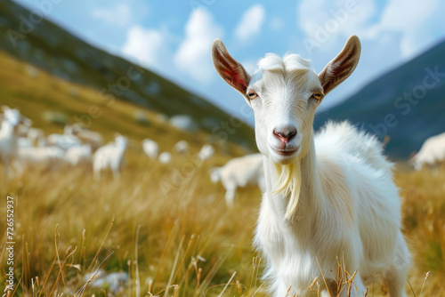 white goat grazing on a pasture in the mountains close-up