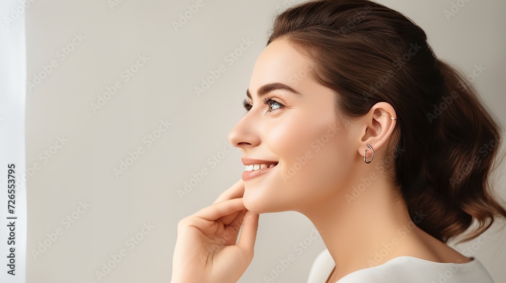 Jewelry concept. Portrait of beautiful young female model wearing silver earrings. Close-up of woman with clean skin posing, in studio background. Jewelry concept. Portrait of beautiful young female model wearing silver earrings. Close-up of woman with clean skin posing, in studio background.