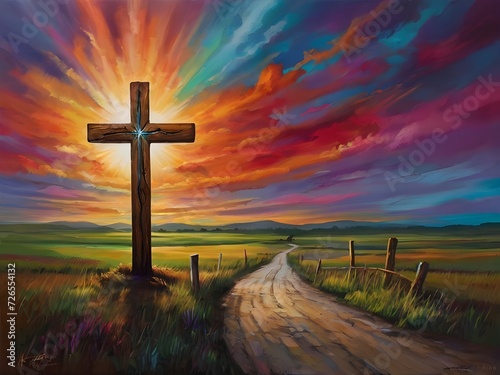 A vibrant. colorful image of a wooden cross at the end of an ancient path against a dynamic painted sky evokes guidance and a spiritual journey. Generative AI © Carlos