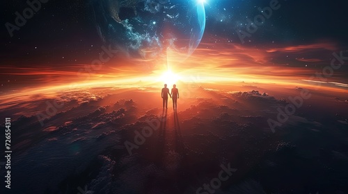 Silhouette of a couple holding hands against the breathtaking backdrop of a sunrise over a rugged alien landscape with celestial bodies.