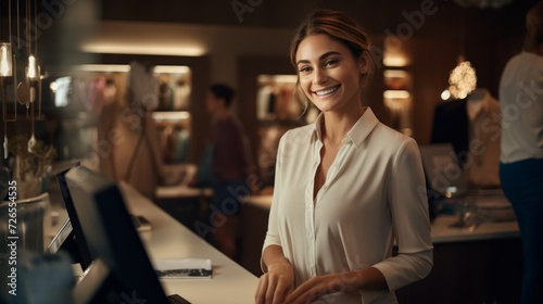 A happy smiling brunette woman cashier, sales consultant looking at the camera against the background of a clothing store. photo