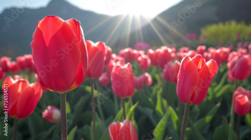 Amazing white red  pink tulip flowers blooming in a tulip field  against the background of blurry tulip flowers in the sunset light. Fresh bright yellow spring tulips  Bouquet of spring tulips 