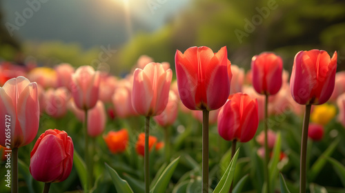 Amazing white,red, pink tulip flowers blooming in a tulip field, against the background of blurry tulip flowers in the sunset light. Fresh bright yellow spring tulips, Bouquet of spring tulips  © Sweetrose official 