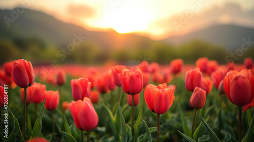 Amazing white,red, pink tulip flowers blooming in a tulip field, against the background of blurry tulip flowers in the sunset light. Fresh bright yellow spring tulips, Bouquet of spring tulips  photo