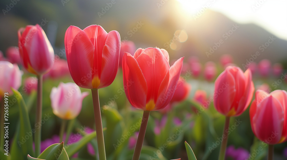 Amazing white,red, pink tulip flowers blooming in a tulip field, against the background of blurry tulip flowers in the sunset light. Fresh bright yellow spring tulips, Bouquet of spring tulips Amazing white,red, pink tulip flowers blooming in a tulip field, against the background of blurry tulip flowers in the sunset light. Fresh bright yellow spring tulips, Bouquet of spring tulips