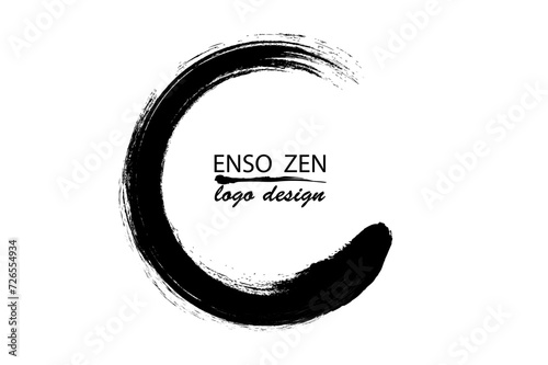 Enso Zen Circle hand-drawn with black ink in traditional Japanese style sumi-e, Vector logo design in Paint Brush art style, isolated on white background  photo