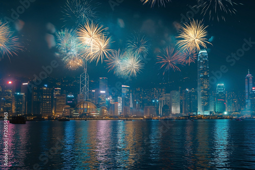 Fireworks over a river with city and light from city skyscrapers with modern building of financial