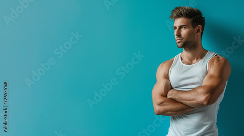 Man in workout clothes on blue background