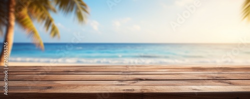 blank wooden table on tropical palm beach background banner