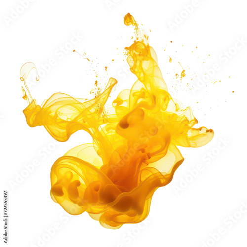 Abstract Yellow splash ink smoke, Yellow splash smoke with liquid splash on transparent png.