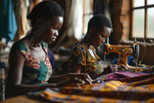 African women in textile factory sewing African patterned garments.