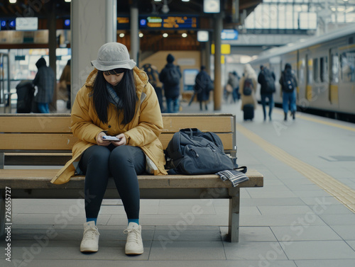 Girl sitting on a bench at a train station reading a book #726555727