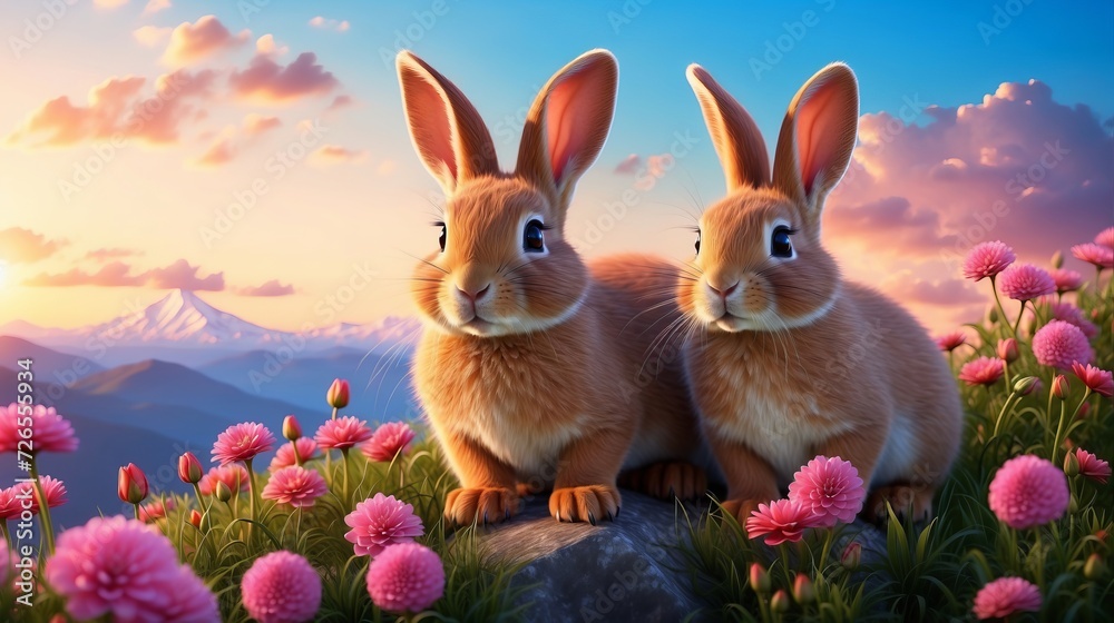 cute bunny couple on a mountain top of a flower cute bunny couple on a mountain top of a flower