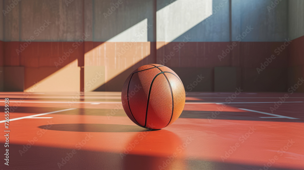 Basketball on Court Floor close up with blurred arena in background Basketball on Court Floor close up with blurred arena in background