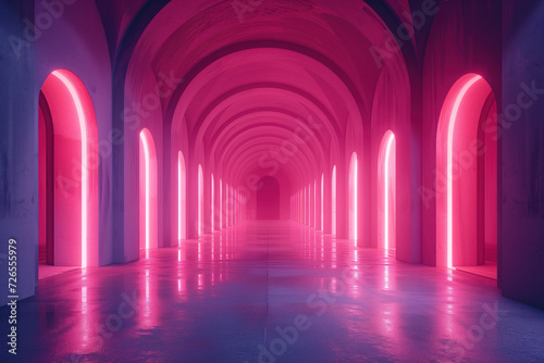Arched corridor with neon lights. Background image. Created with Generative AI technology