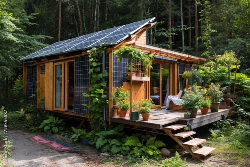 A modern mini house with a flower garden and solar pannels built in a wooden forest © Kien