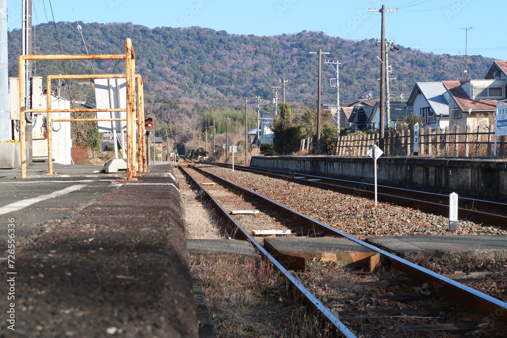 Low angle Japanese rural train station, in Hamamatsu, Japan. Taken on 8/Jan/2023 Low angle Japanese rural train station, in Hamamatsu, Japan. Taken on 8/Jan/2023