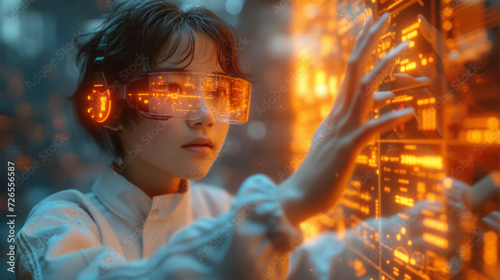 Boy Scientist Explore and Analyze a Digital Data, Touch an Invisible Holographic Screen. Reviews the Statistics and Moving Animated Virtual Graphs Boy Scientist Explore and Analyze a Digital Data, Touch an Invisible Holographic Screen. Reviews the Statistics and Moving Animated Virtual Graphs
