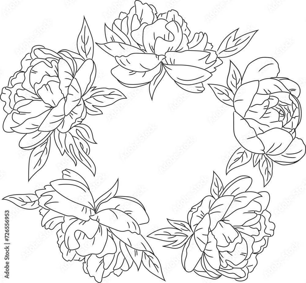 Frame made of hand-drawn peonies, isolated vector illustration for cards, invitations, decoration, elegant line art style