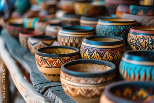 Handpainted wooden bowls with tribal designs in South Africa.