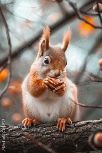 A squirrel clutches a nut amidst autumn leaves, its eyes gleaming with curiosity and alertness.