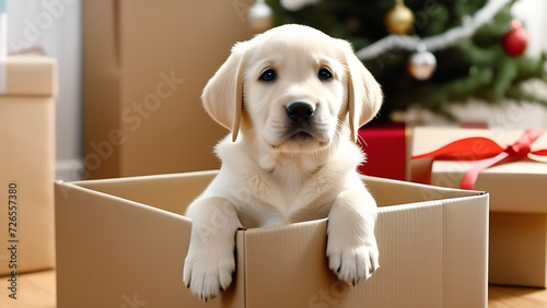 Labrador puppy in gift box, adorable holiday background © Inna