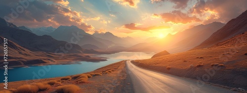 A winding road cuts through the highland landscape, leading to a tranquil lake nestled between majestic mountains as the vibrant sky paints the horizon with hues of sunrise and sunset