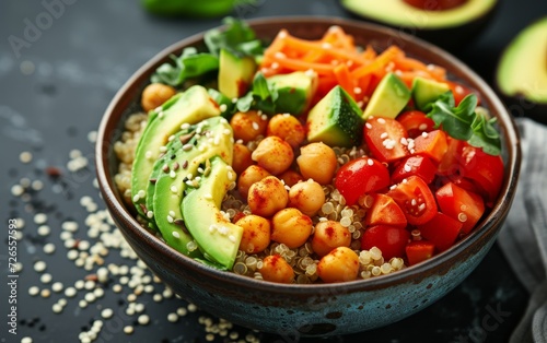 Healthy vegetable lunch in the bowl with quinoa, avocado, chickpeas and tomato - food dish for vegetarians.