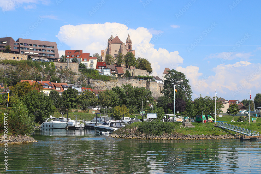 Fototapeta premium View at the cathedral and the marina of Breisach from river Rhine, Baden, Germany
