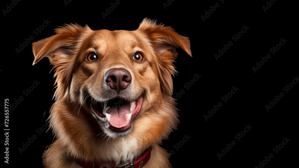 A happy dog on a black background