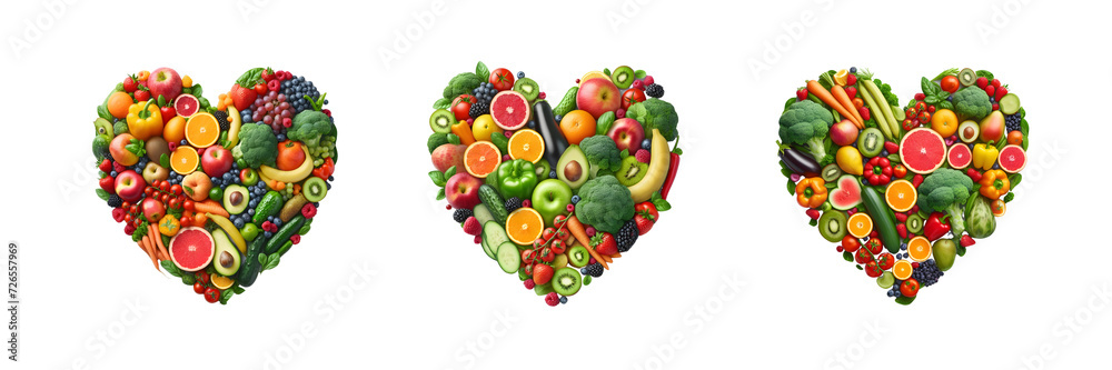 Collection Set of fruits and vegetables in the shape of a heart, isolated over on transparent white background