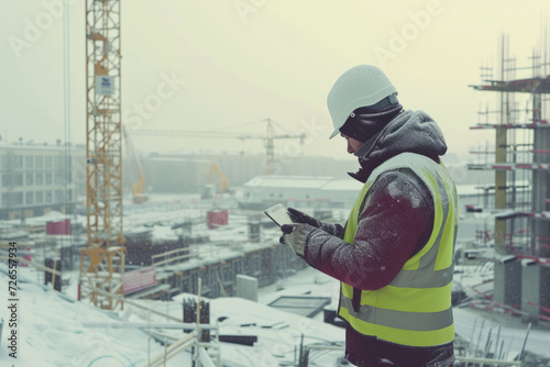 the construction engineer is standing in a helmet and vest on the roof of the building. Cranes in the background, snowy winter day