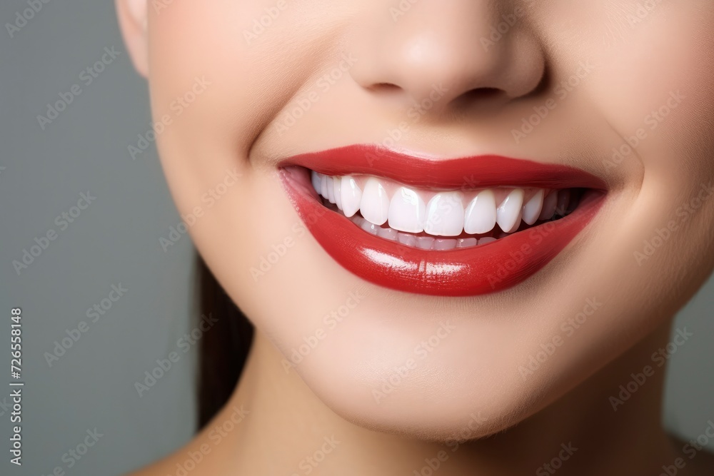 Obraz premium Beautiful smile of a young woman with red lipstick on her lips close-up. Perfect white teeth, luxurious smile, dental procedures concept, teeth whitening