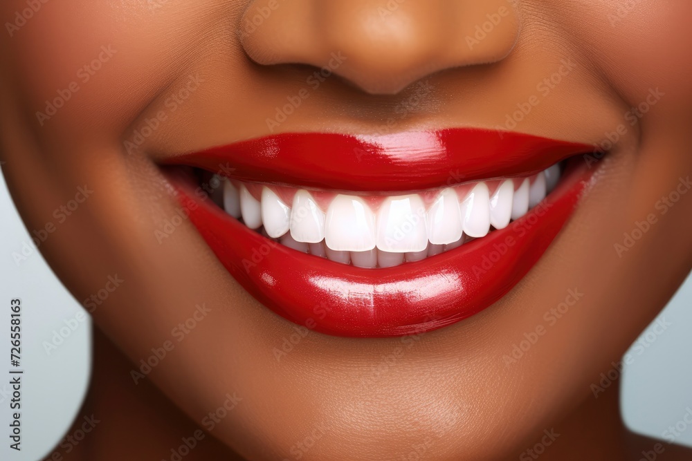 Obraz premium Perfect snow-white smile of an African-American girl with red lipstick on her lips close-up. Dental care concept, whitening, dentistry. Beautiful smile of a happy woman