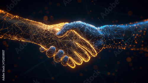 Businessperson shaking hand with digital partner over futuristic background. Artificial intelligence and machine learning process for