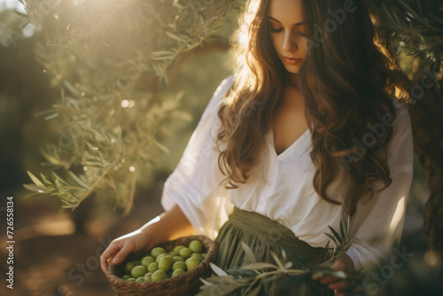 A beautiful young girl in light dress collects green olives in wicker basket in garden of olive trees. Harvesting olives, growing olives for making oil, cosmetics